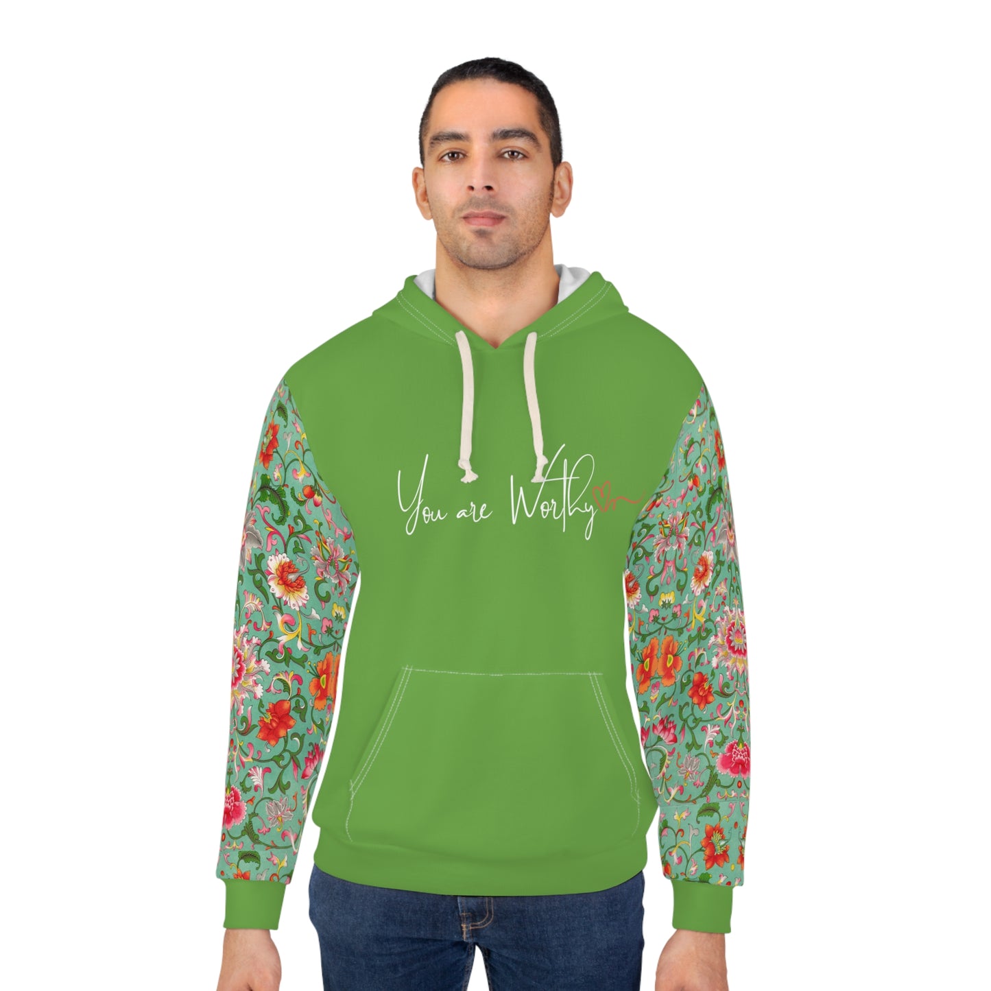 Man wearing the inspirational floral hoodie, displaying the motivational back design with positive message and floral art.