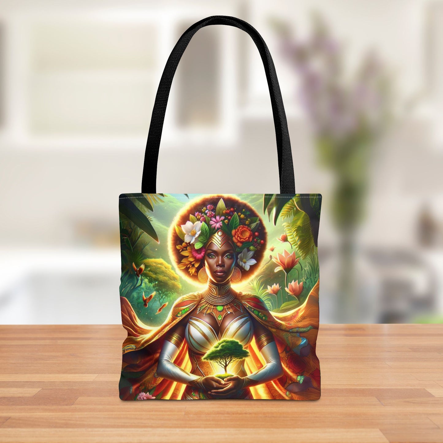 Vibrant tote bag featuring a powerful Afrocentric goddess design, adorned with a crown of flowers and glowing elements, displayed on a wooden table in a bright modern kitchen setting.