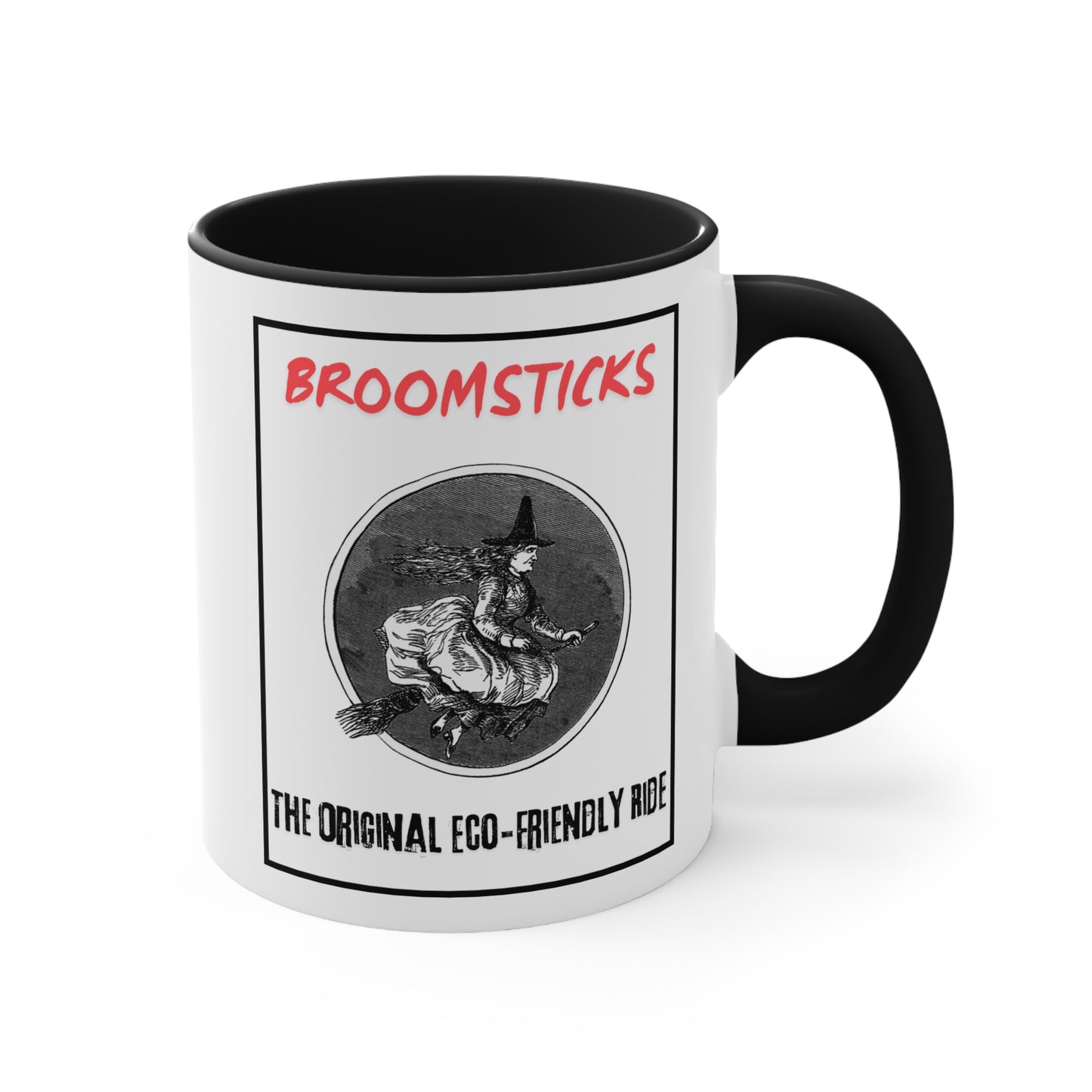 Black Interior: White ceramic coffee mug with black interior, featuring a vintage witch illustration and the text "Broomsticks - The Original Eco-Friendly Ride." Perfect for Halloween and witch enthusiasts.