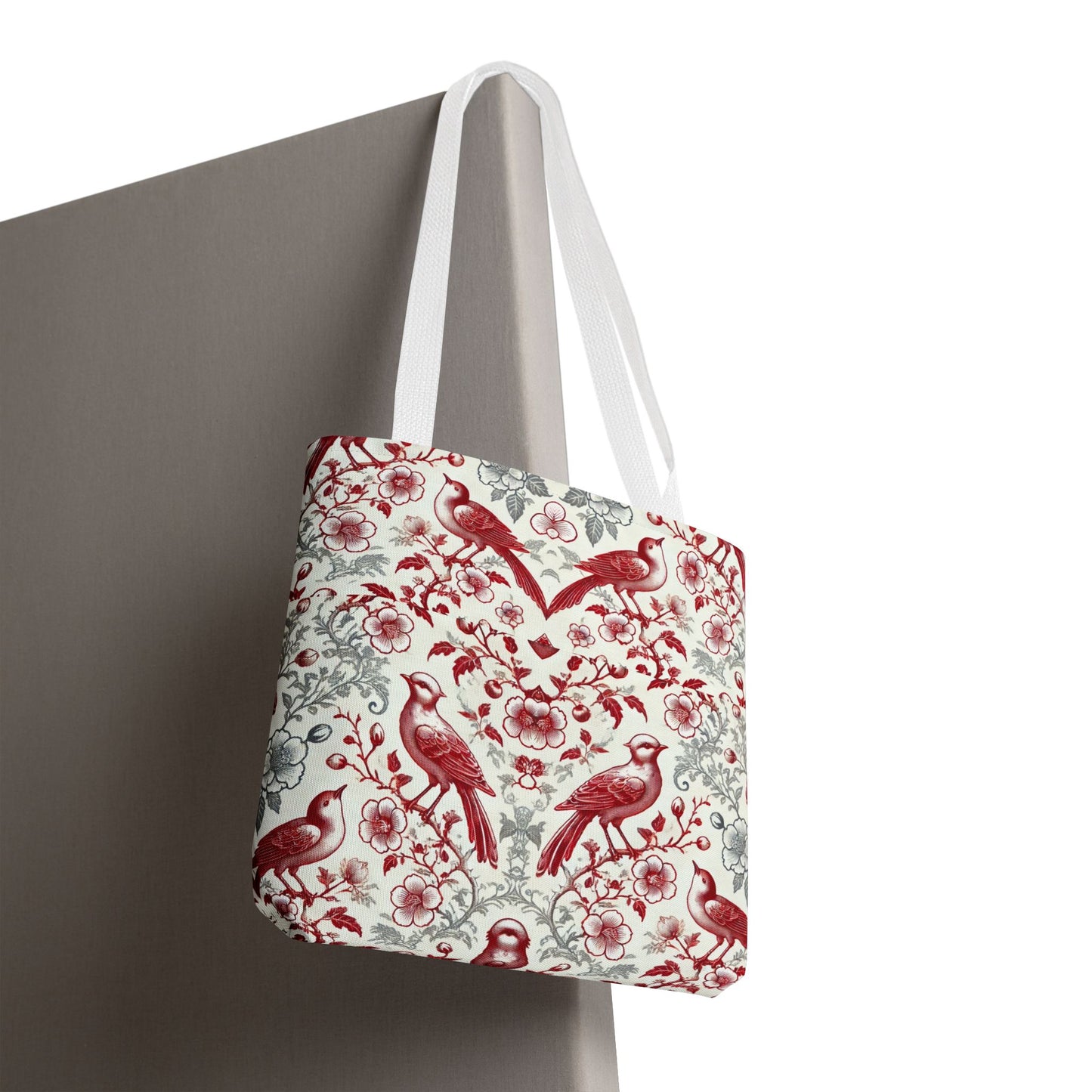 Red & Gray Chinoiserie Bird Tote Bag | Elegant Vintage Floral Baroque Tote | White or Black Handle Option | Reusable Fabric Bag
