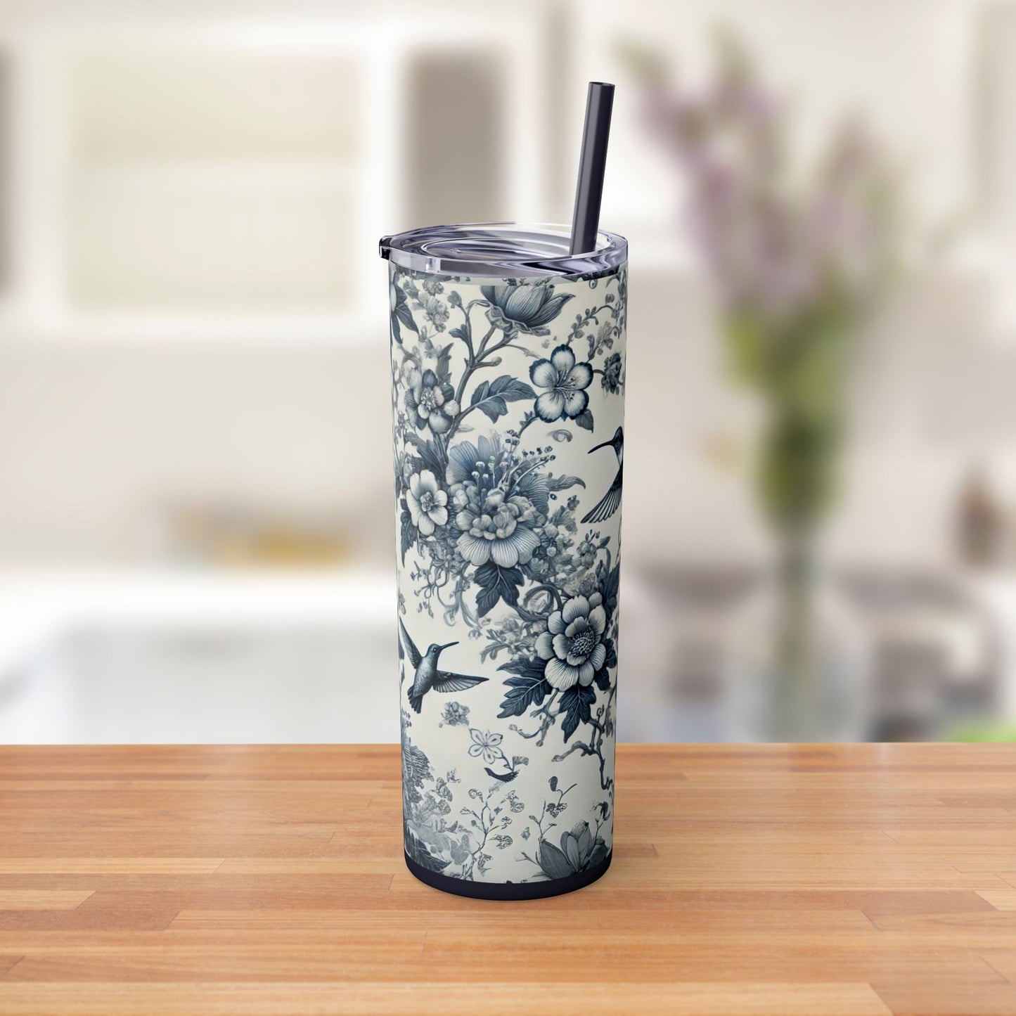 Blue & White Chinoiserie Hummingbird Tumbler | 20oz Maars Skinny Insulated Travel Mug with Lid & Straw | Elegant Floral Bird Design | Gift for Tea & Coffee Lovers