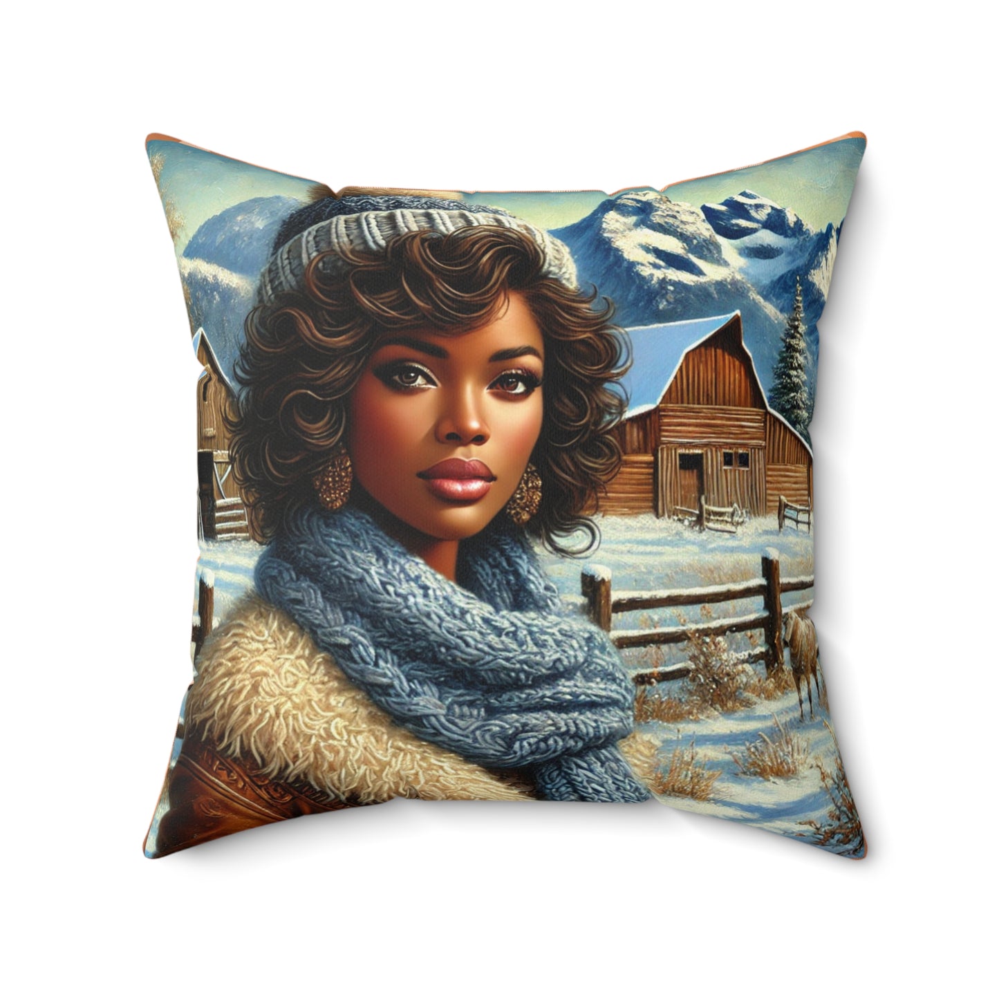 Front view of a winter-themed accent pillow featuring a cowgirl in a snowy ranch scene.