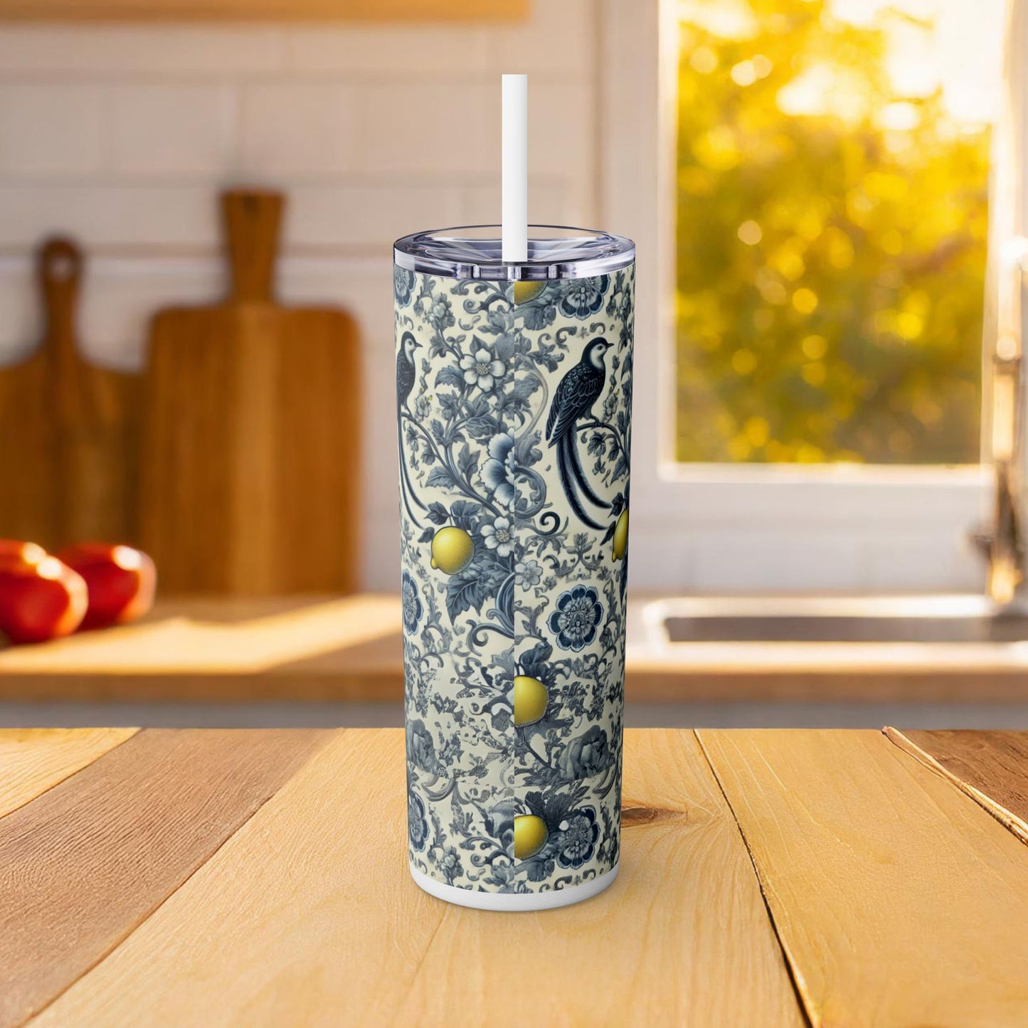 Blue Chinoiserie Lemon Tumbler | 20oz Insulated Travel Cup | Vintage Botanical Birds & Lemons | Includes Straw & Lid