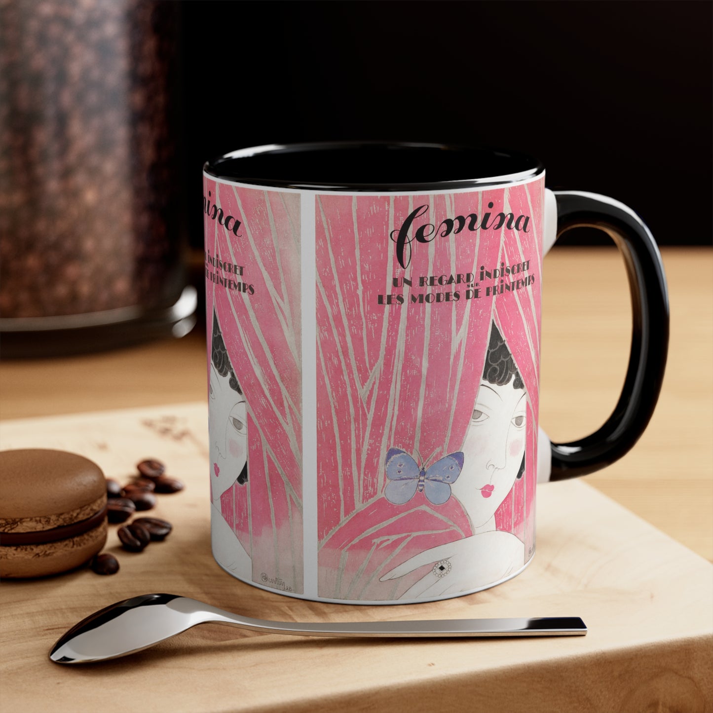 Stylish pink and black ceramic mug with vintage French art for tea and coffee lovers.