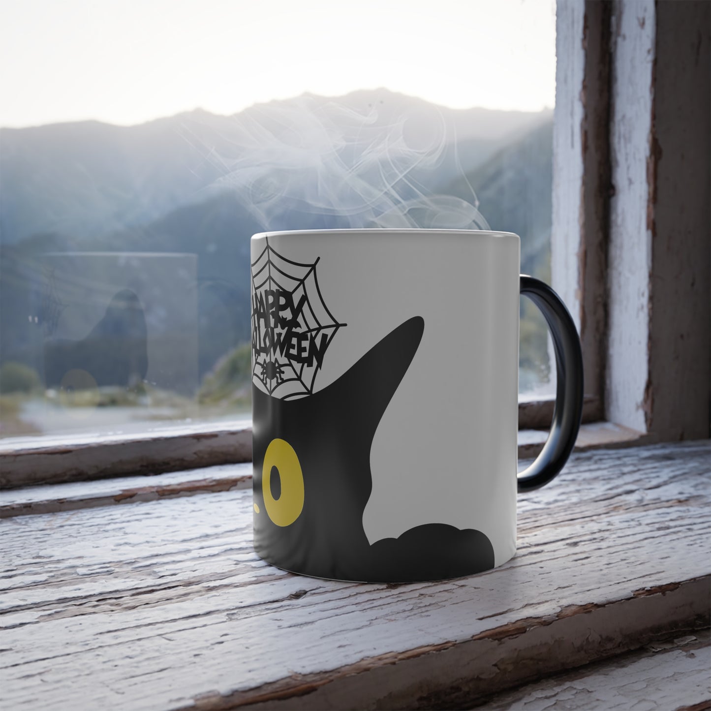 Magic morphing Halloween mug with black cat design on an white background, 11oz coffee cup