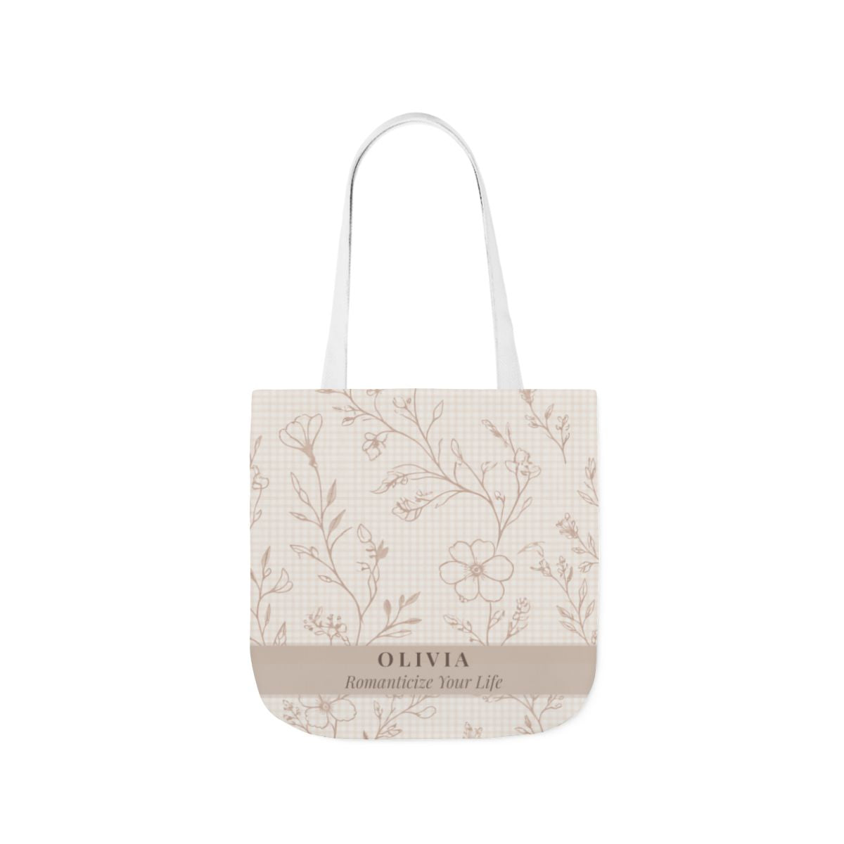 Tote bag with floral pattern and 'Olivia' branding on a white background