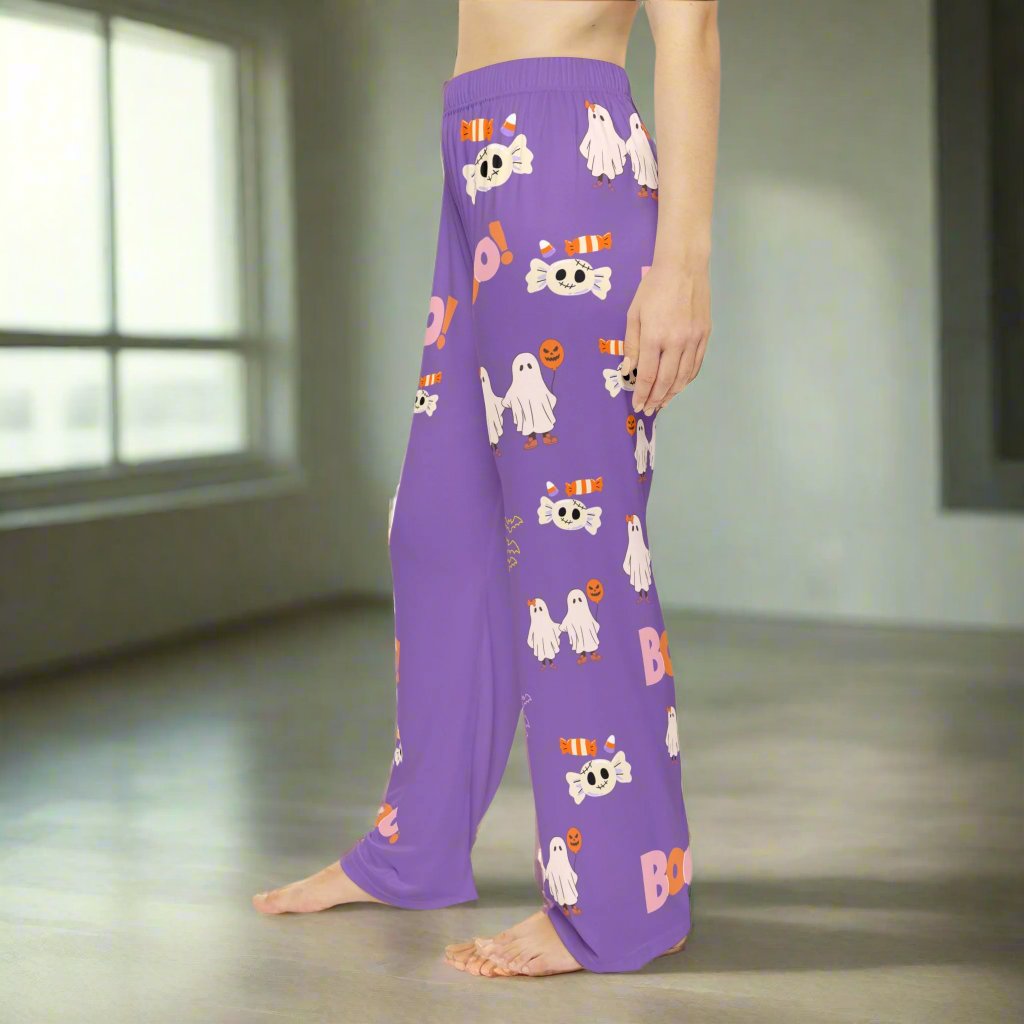 Purple Boo Ghost Women's Pajama Pants featuring a spooky ghost design, perfect for Halloween-themed sleepwear.