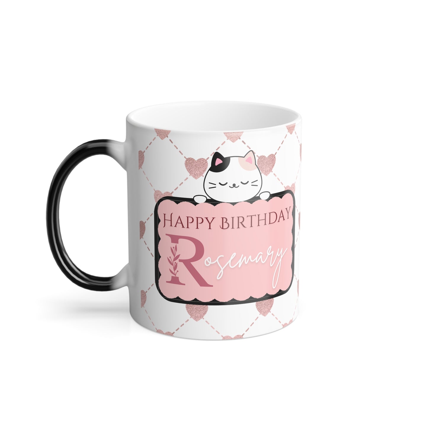 Personalized cat-themed birthday mug with hearts and custom note.