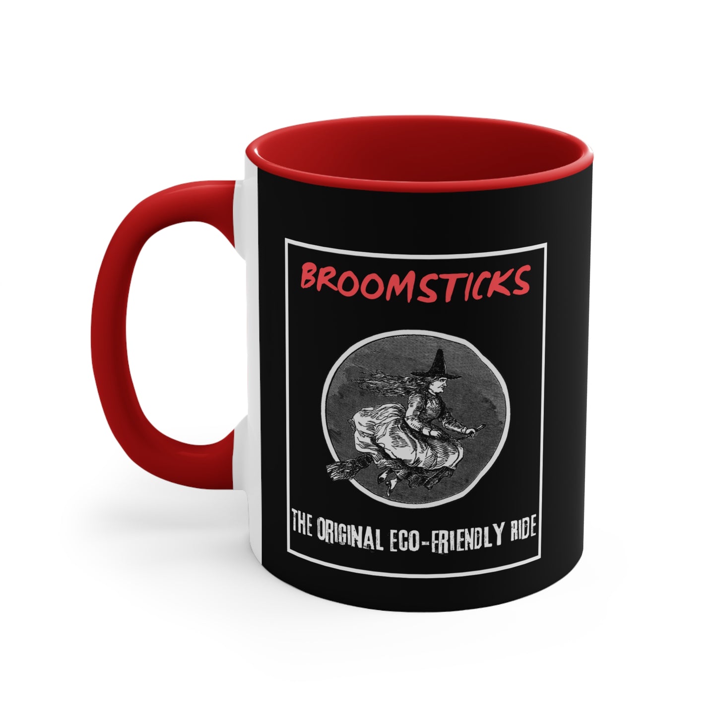 "Broomsticks: The Original Eco-Friendly Ride" Coffee Mug - Black Background