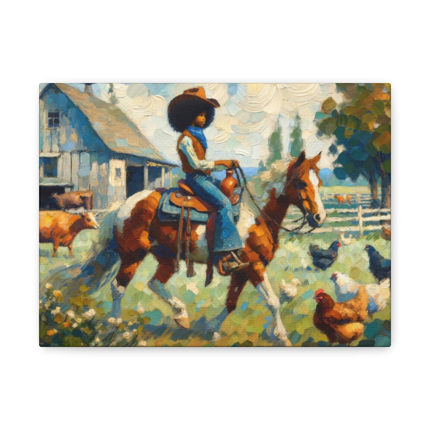 Rustic Farmhouse Wall Art | Cowgirl on Horse Stretched Canvas | Country Barnyard Decor