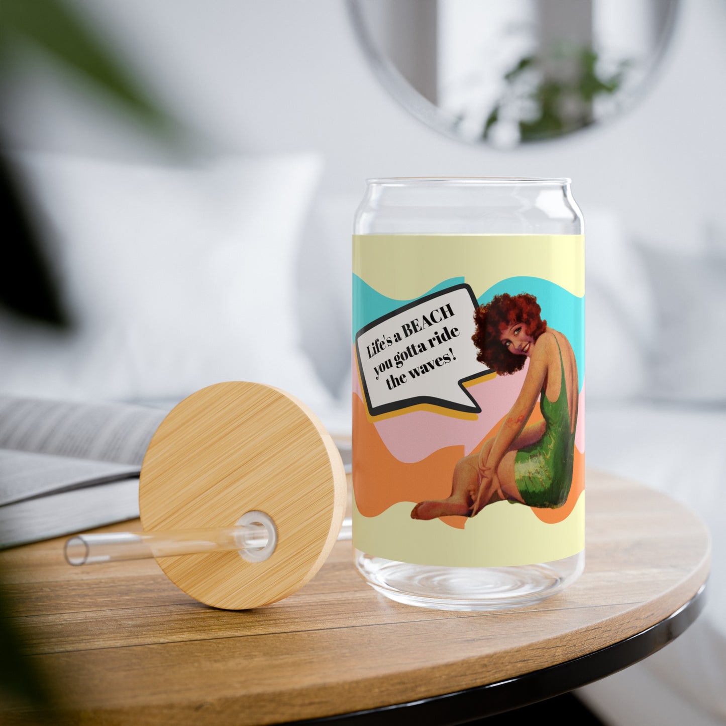 Vintage Nancy Carroll Glass Tumbler with Bamboo Lid and Straw - Retro Beach Vibes