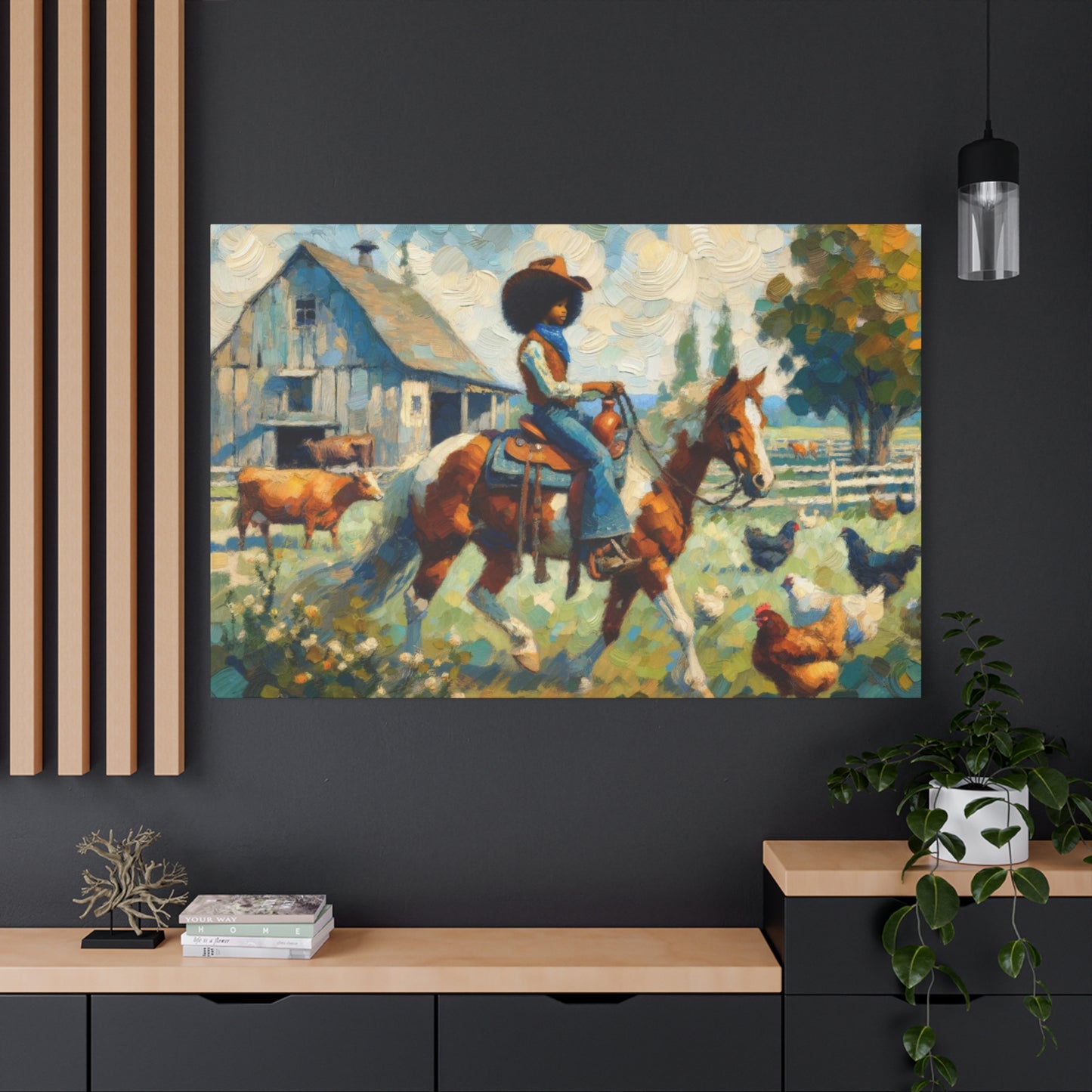 Rustic Farmhouse Wall Art | Cowgirl on Horse Stretched Canvas | Country Barnyard Decor