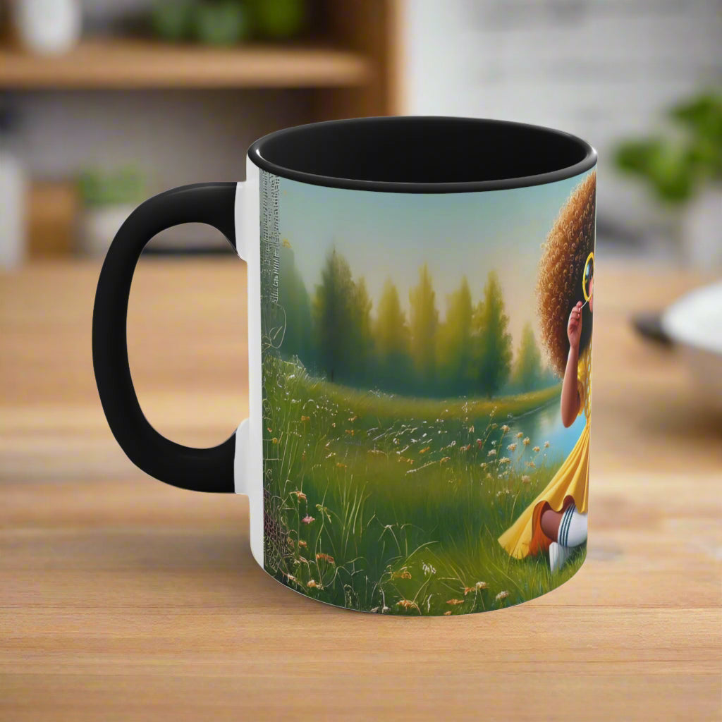 Side view of a colorful coffee mug showcasing a detailed meadow scene with vibrant flowers and trees.