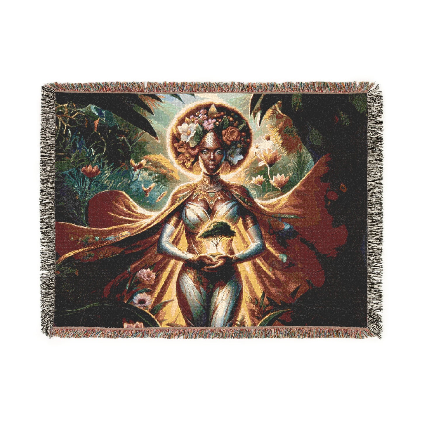 A vibrant woven blanket displaying a nature-inspired design of a radiant woman holding a glowing tree sapling. She is surrounded by lush foliage, blooming flowers, and a mystical glow.