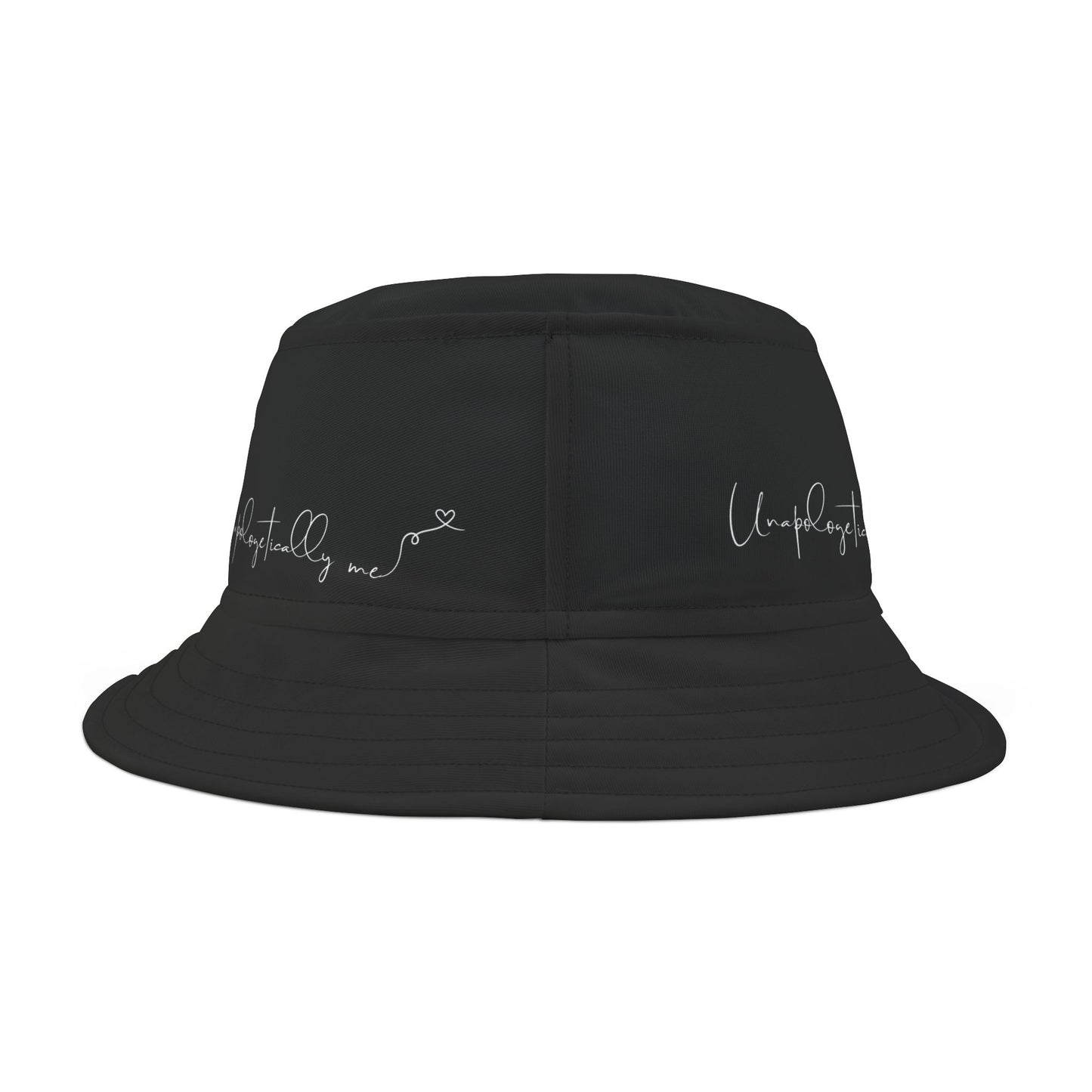 Back view of the black bucket hat with the phrase “Unapologetically me” printed in bold.