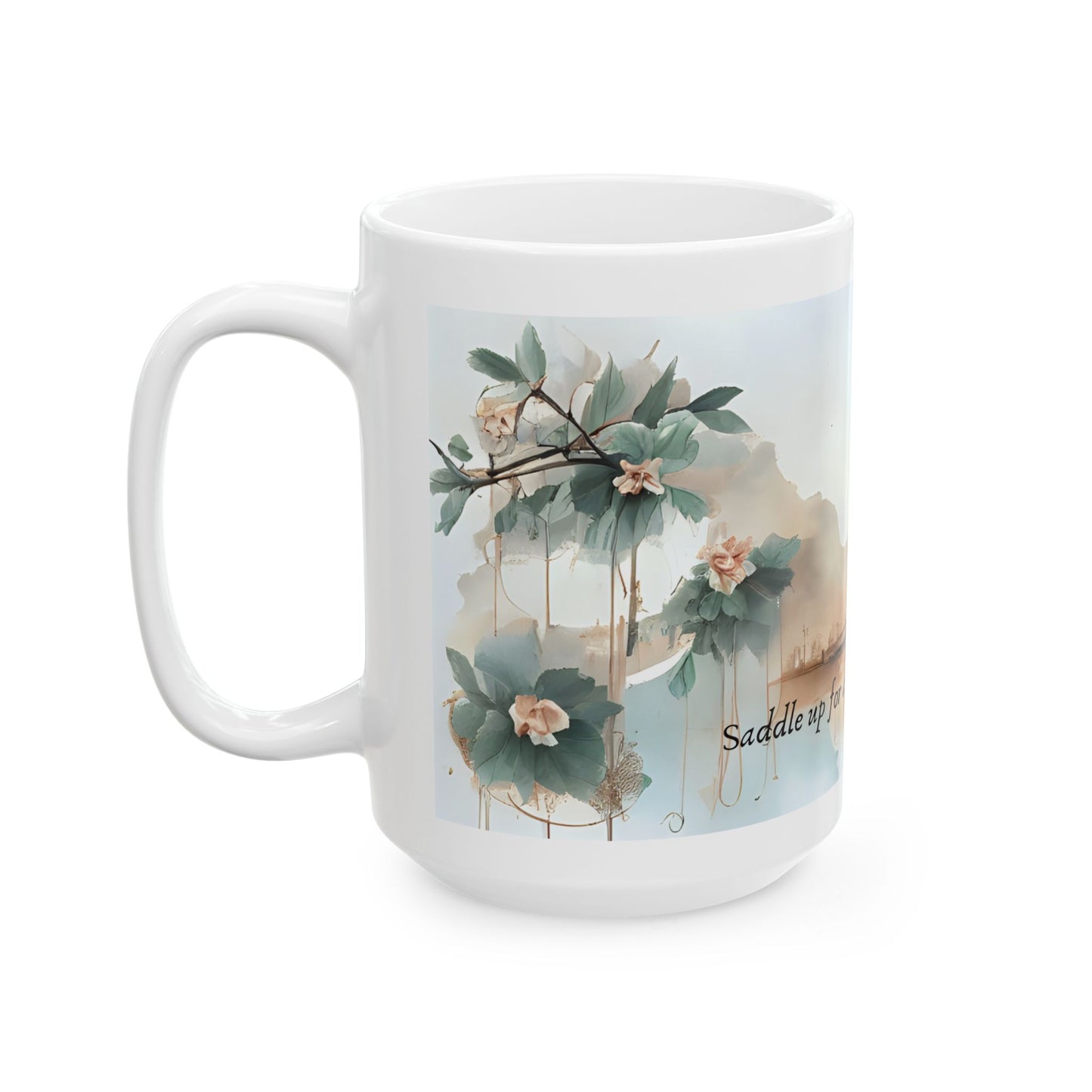 Personalized Western-Themed Coffee Mug | Floral Horsewoman Design | Saddle Up for a Beautiful Day | Custom Name | Available in 11 oz and 15 oz