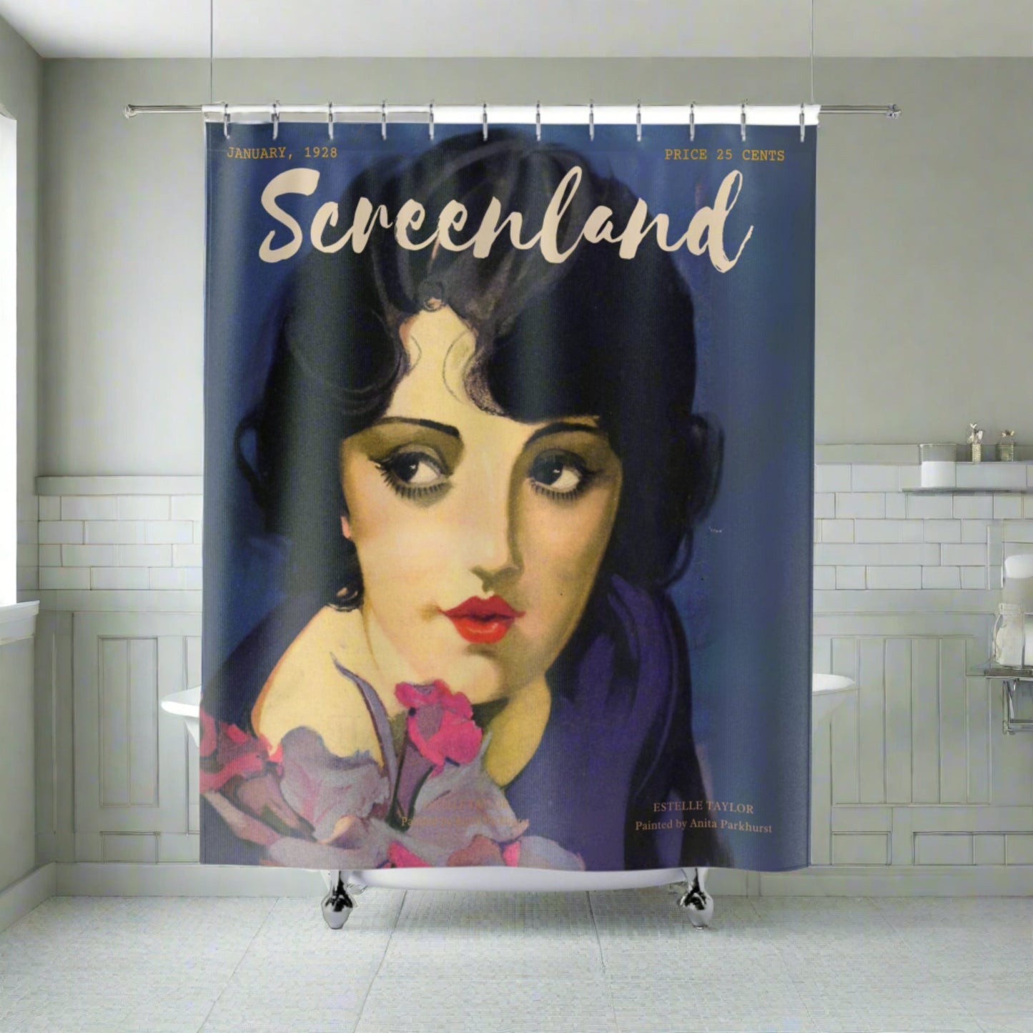 Iconic Hollywood actress Estelle Taylor on a retro shower curtain for vintage bathroom decor.