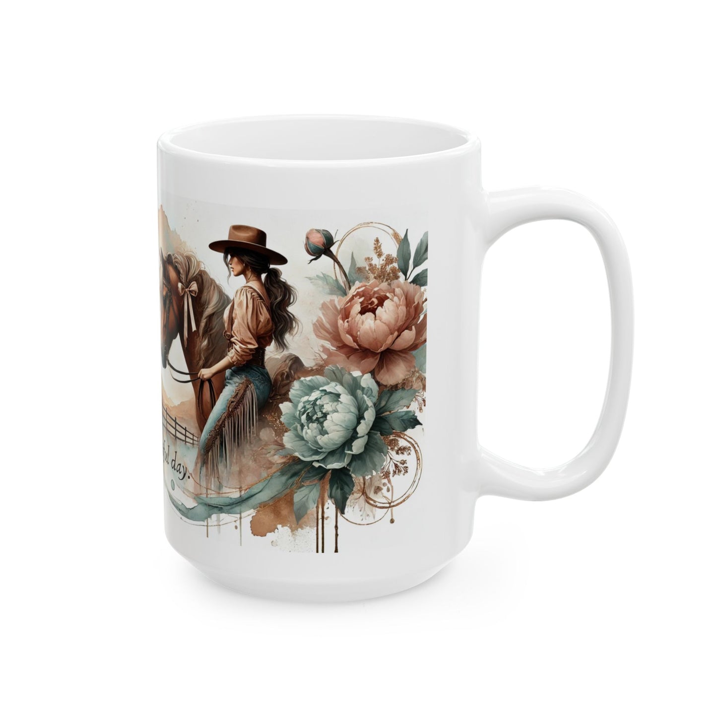 Personalized Western-Themed Coffee Mug | Floral Horsewoman Design | Saddle Up for a Beautiful Day | Custom Name | Available in 11 oz and 15 oz