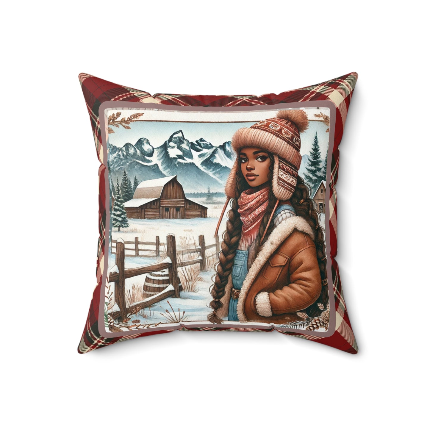 Front view of a throw pillow featuring an African American cowgirl in a winter ranch setting, framed by plaid borders.
