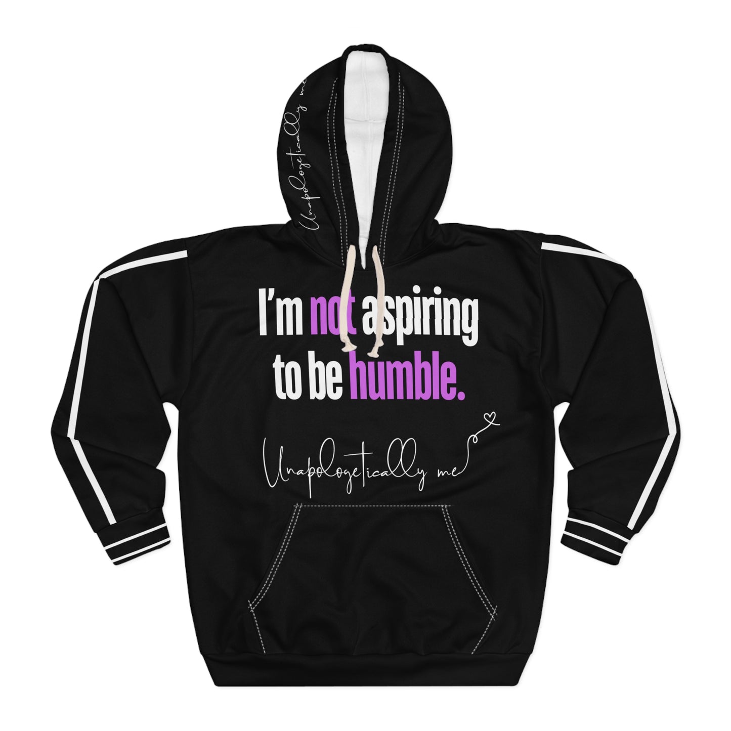 Front view of a black unisex hoodie with the phrase “I’m not aspiring to be humble.”