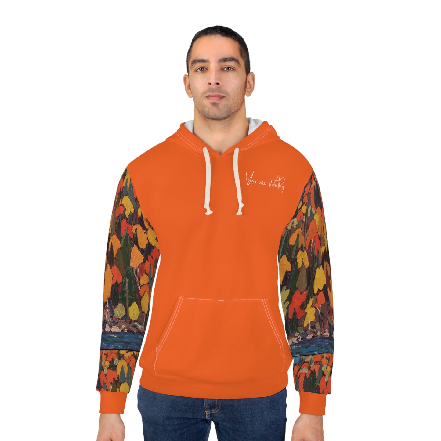 Man modeling the autumn foliage hoodie, displaying the motivational back design with inspiring message and art.