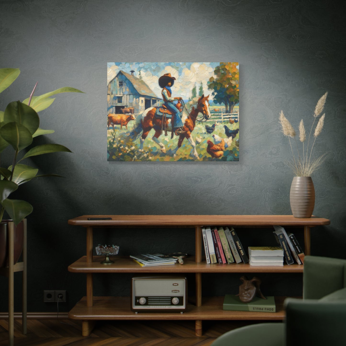 Rustic Farmhouse Wall Art | Cowgirl on Horse Stretched Canvas | Country Barnyard Decor