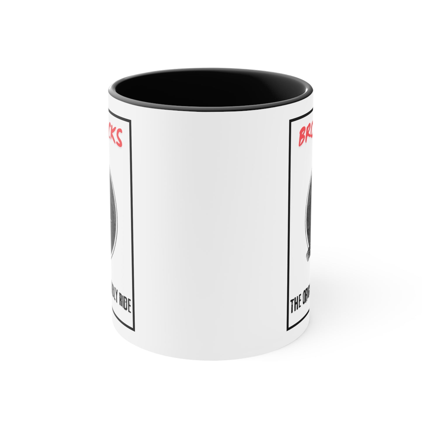 Black Interior: Close-up of a white ceramic mug with black interior, showcasing the detailed vintage witch design and playful "Broomsticks" caption in red lettering.