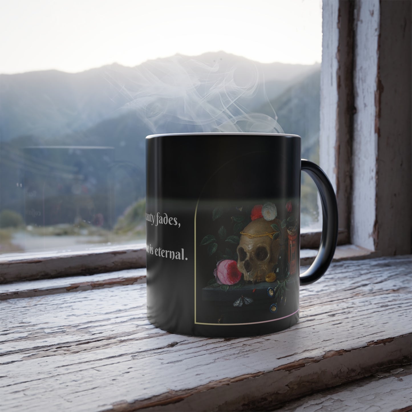 A profile shot of the mug, highlighting its sleek black exterior and gothic floral artwork, half-revealed during heating.