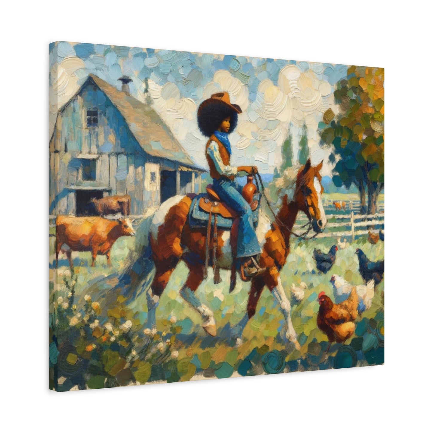 Rustic Farmhouse Wall Art | Cowgirl on Horse Stretched Canvas | Country Barnyard Decor