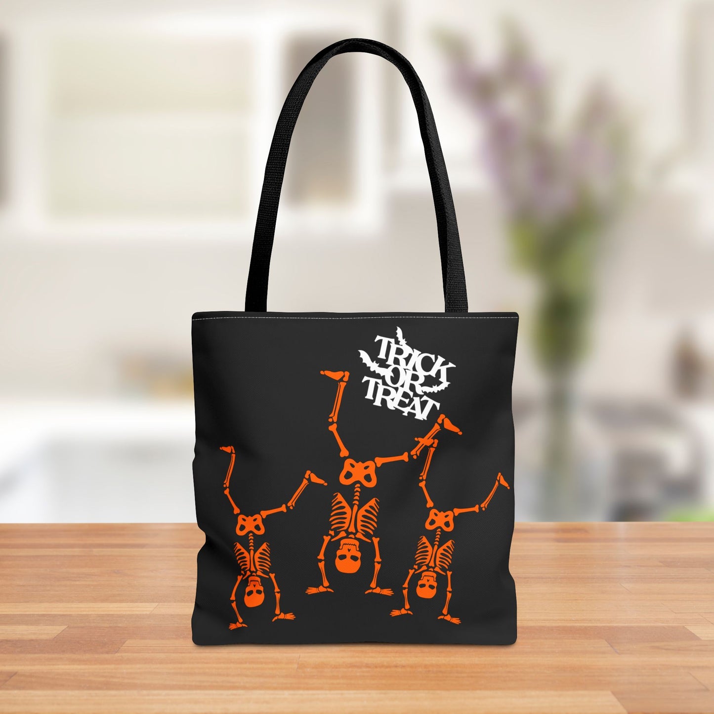 Front view of Halloween Trick or Treat Skeleton Tote Bag featuring playful skeleton design.