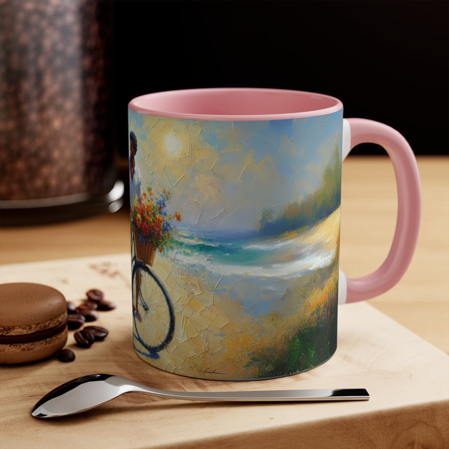 Side view of a 11oz ceramic coffee mug showcasing a summer-themed design with a couple on a beach, surrounded by vibrant colors and floral accents