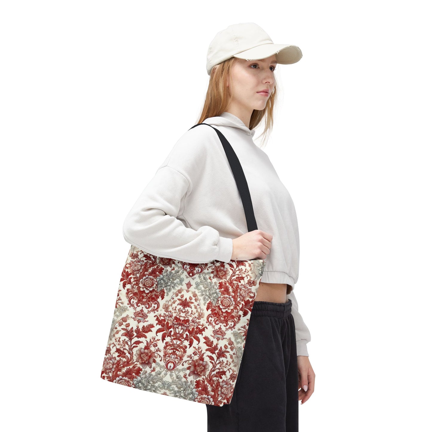 Luxury Red & Gray Chinoiserie Tote Bag – Elegant Floral Baroque Design | Black or White Handles | Stylish Everyday Carryall
