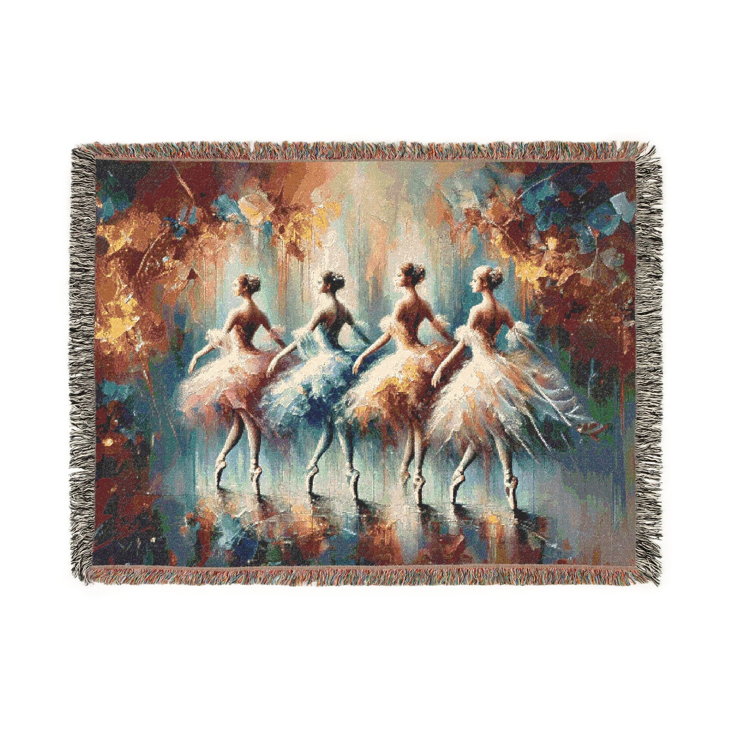 Elegant Ballet Woven Throw Blanket | Ballerina Group Art | Cotton Throw with Fringe | Dance-Inspired Home Decor