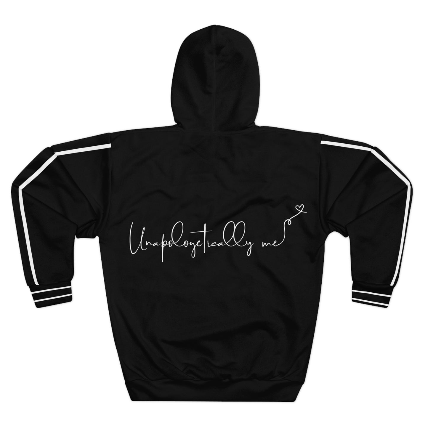 Back view of the unisex hoodie showing the clean, minimalist back featuring Unapologetically Me signature.