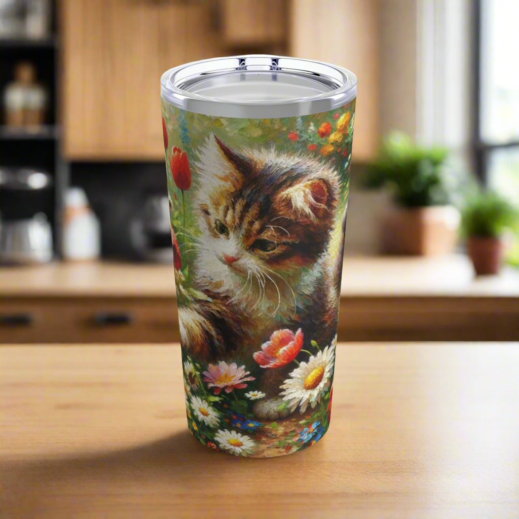 insulated tumbler featuring a cute kitten surrounded by vibrant flowers in a garden setting.