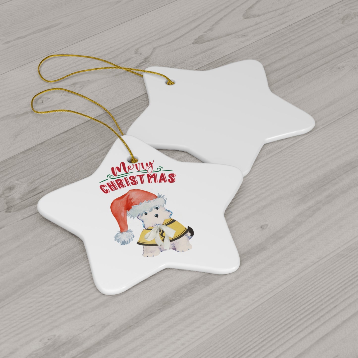 Coquette Merry Christmas Ornament – Vintage Bitsy Puppy Design Ceramic Ornament, 4 Shapes