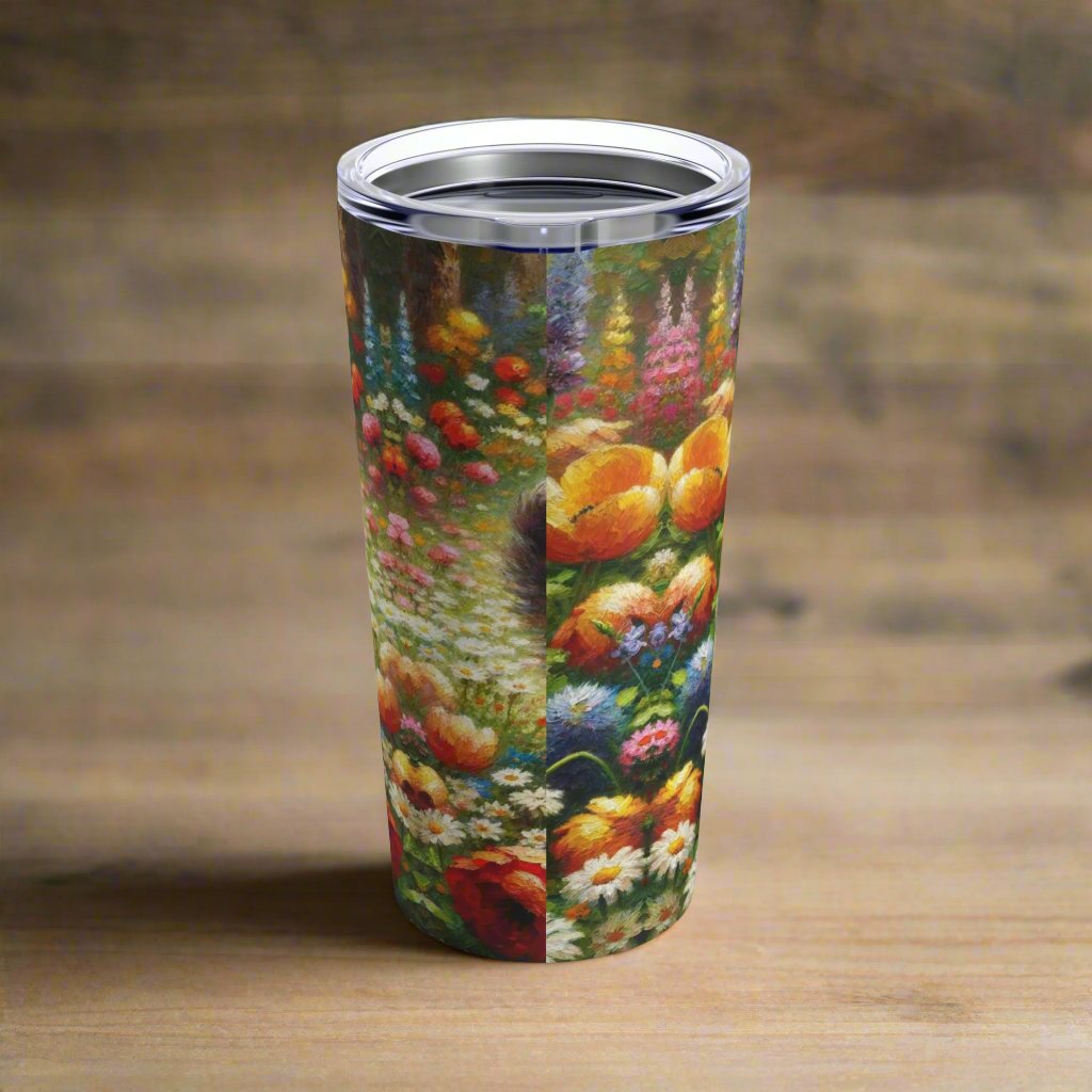 Back - insulated tumbler featuring a cute kitten surrounded by vibrant flowers in a garden setting.