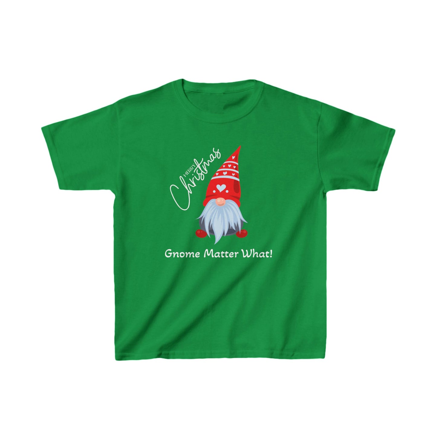 Front view of green Christmas gnome unisex t-shirt with whimsical design