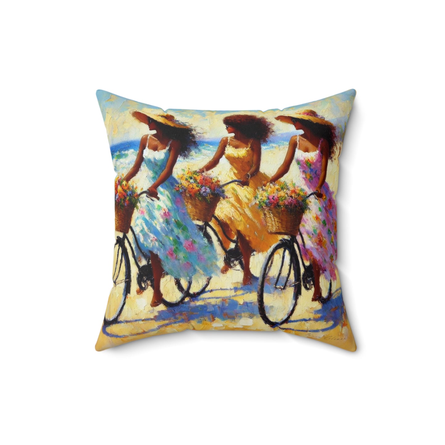 Colorful Throw Pillow | Women Biking by the Sea | Vibrant Coastal Decor | Artistic Summer Design