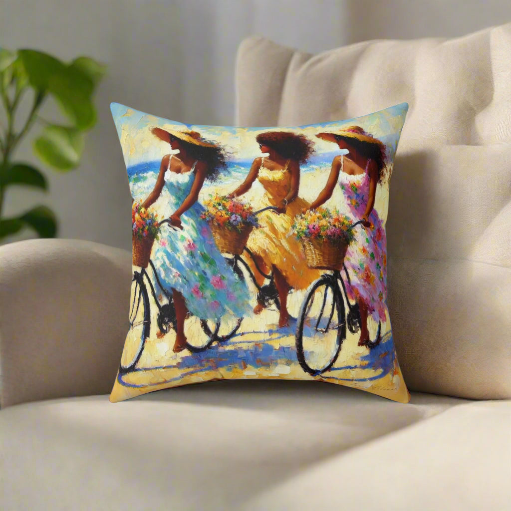 Bright, joyful pillow styled in a modern living room setting