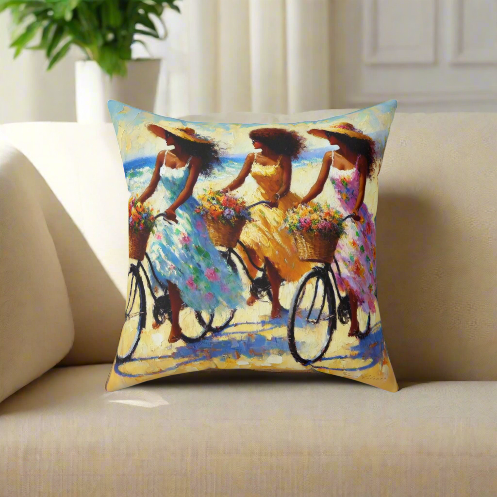 Colorful Throw Pillow | Women Biking by the Sea | Vibrant Coastal Decor | Artistic Summer Design
