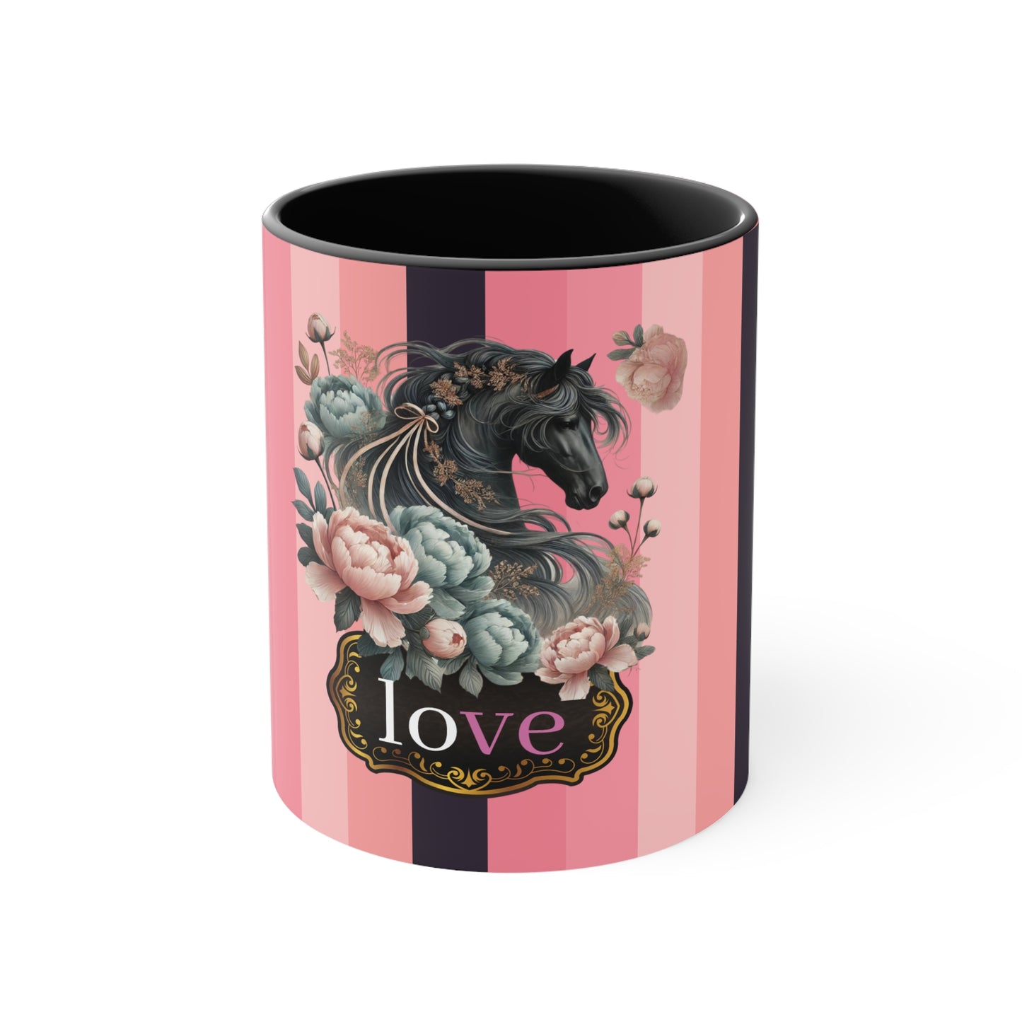 Romantic Horse and Floral Coffee Mug | Love Themed Pink and Black Striped Mug | Beautiful Equestrian Gift for Horse Lovers | 15oz Ceramic Cup