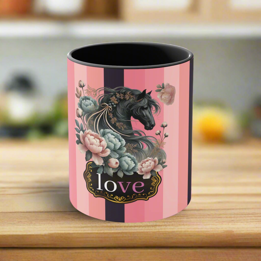 Romantic Horse and Floral Coffee Mug | Love Themed Pink and Black Striped Mug | Beautiful Equestrian Gift for Horse Lovers | 15oz Ceramic Cup