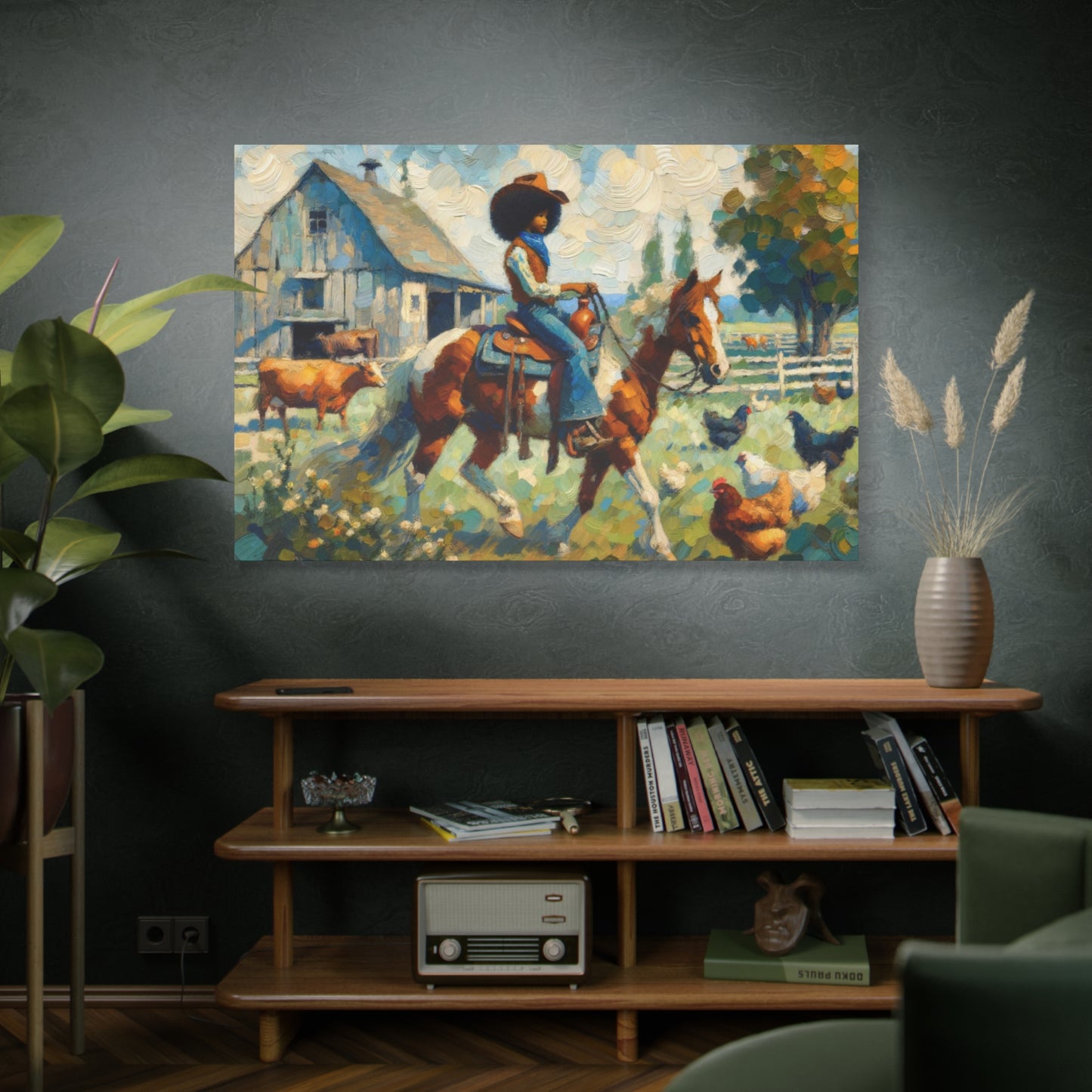 Rustic Farmhouse Wall Art | Cowgirl on Horse Stretched Canvas | Country Barnyard Decor