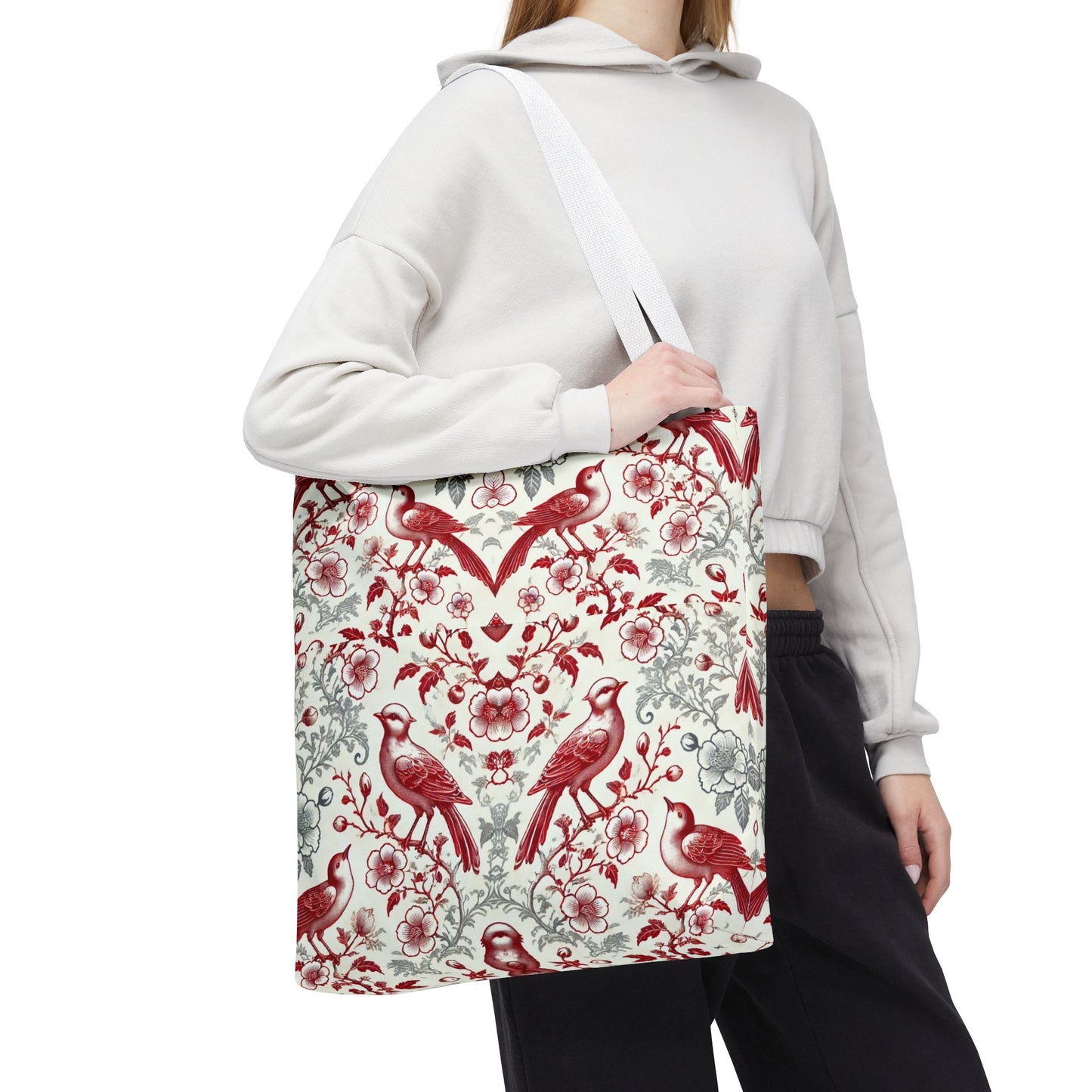 Red & Gray Chinoiserie Bird Tote Bag | Elegant Vintage Floral Baroque Tote | White or Black Handle Option | Reusable Fabric Bag