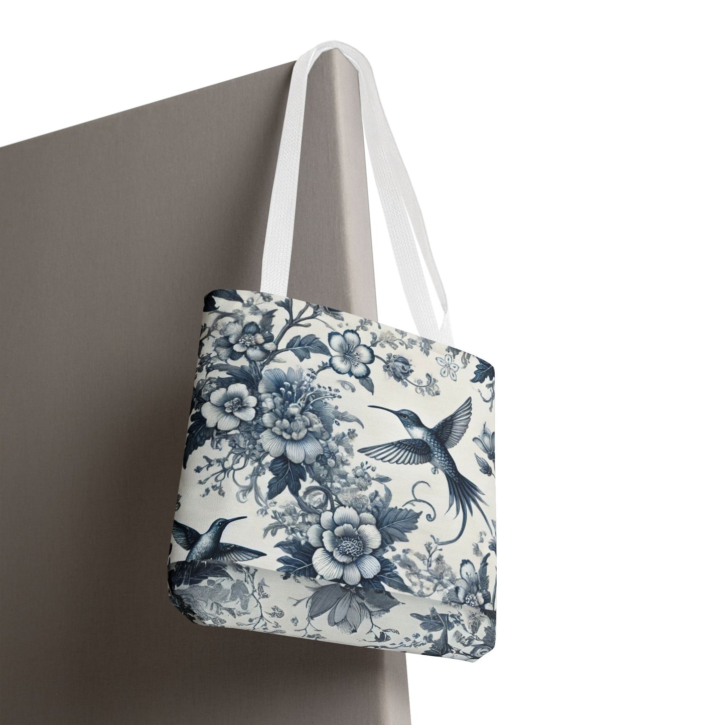 Chinoiserie Hummingbird Tote Bag – Blue & White Vintage Floral Bird Design | Durable Polyester Canvas | White or Navy Straps