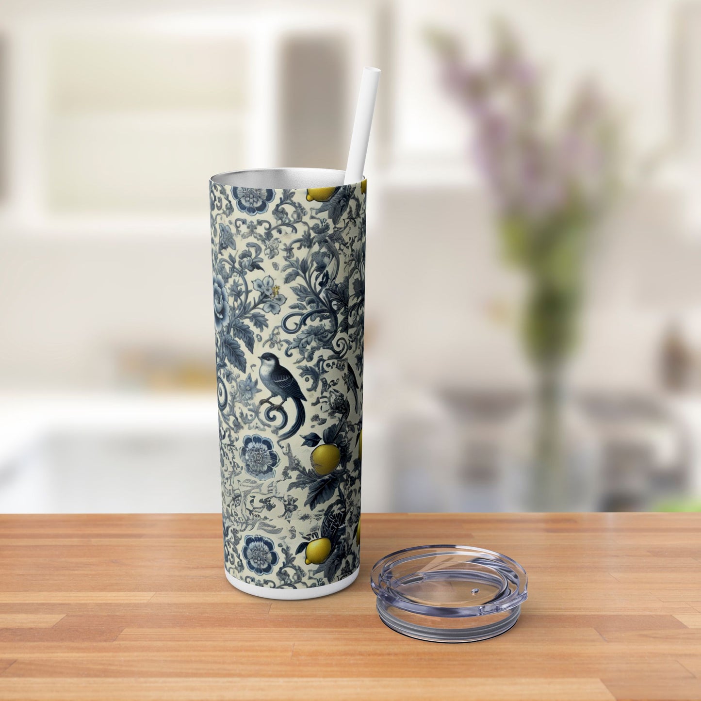 Blue Chinoiserie Lemon Tumbler | 20oz Insulated Travel Cup | Vintage Botanical Birds & Lemons | Includes Straw & Lid