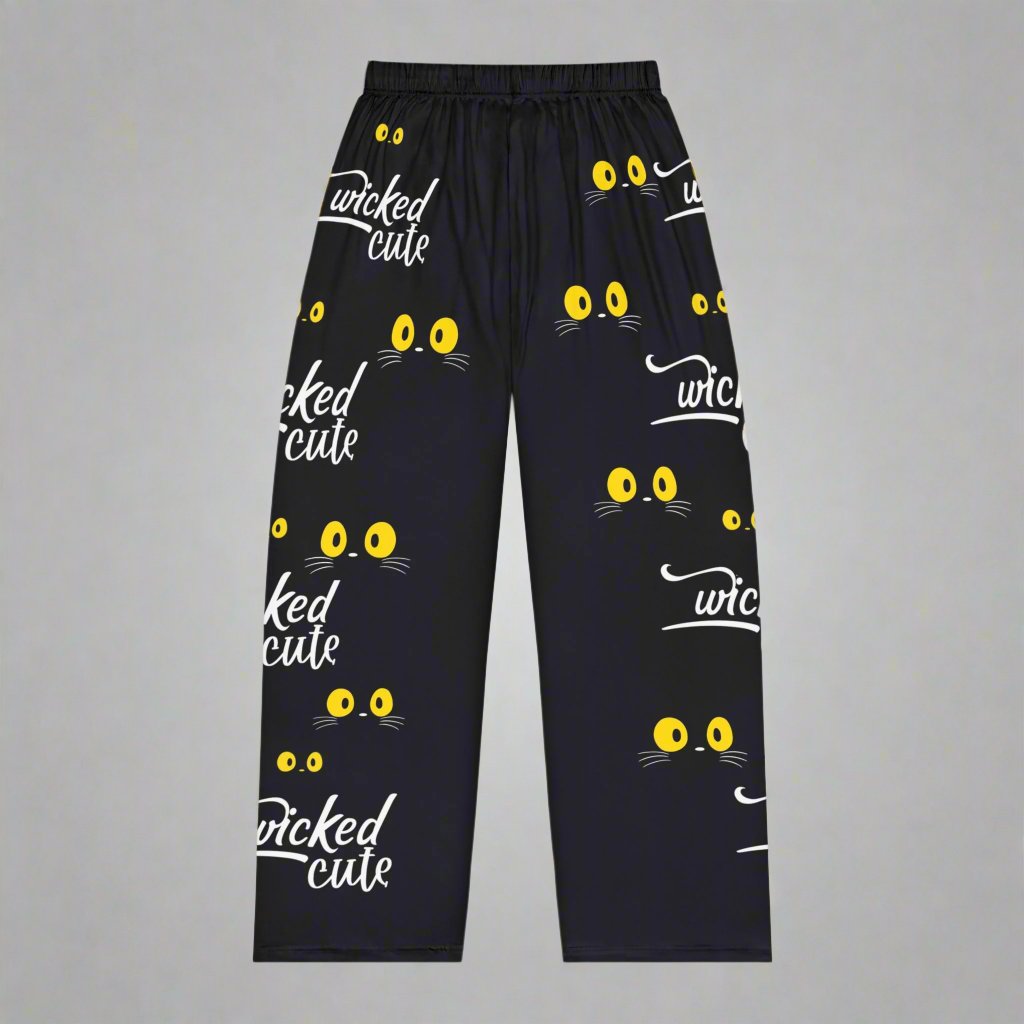 Back view of Wicked Cute Black Cat Women's Pajama Pants displaying the same playful yellow cat eyes and Wicked Cute text pattern on a black background.