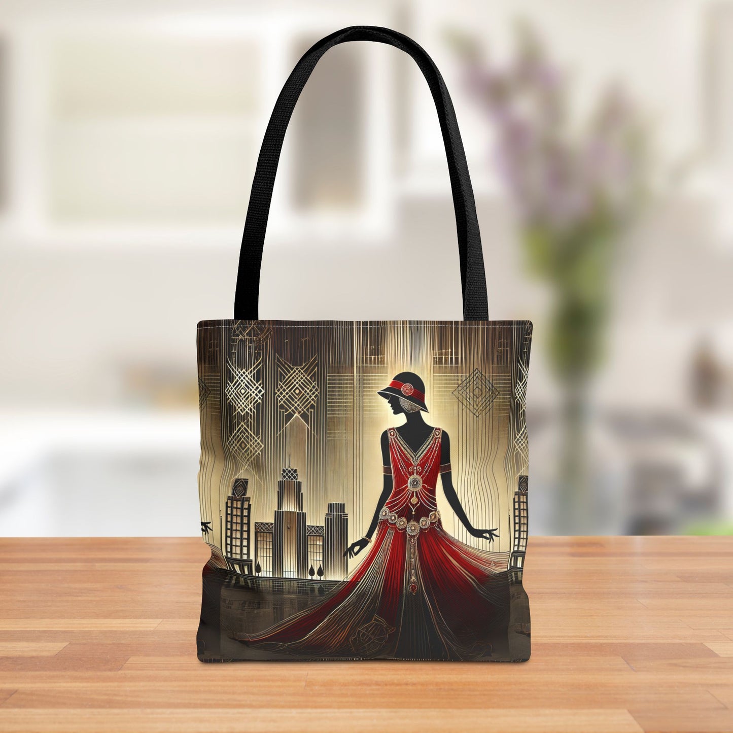 Front view of an Art Deco Woman Tote Bag with a vintage 1920s-inspired design featuring a stylish silhouette and golden cityscape patterns.
