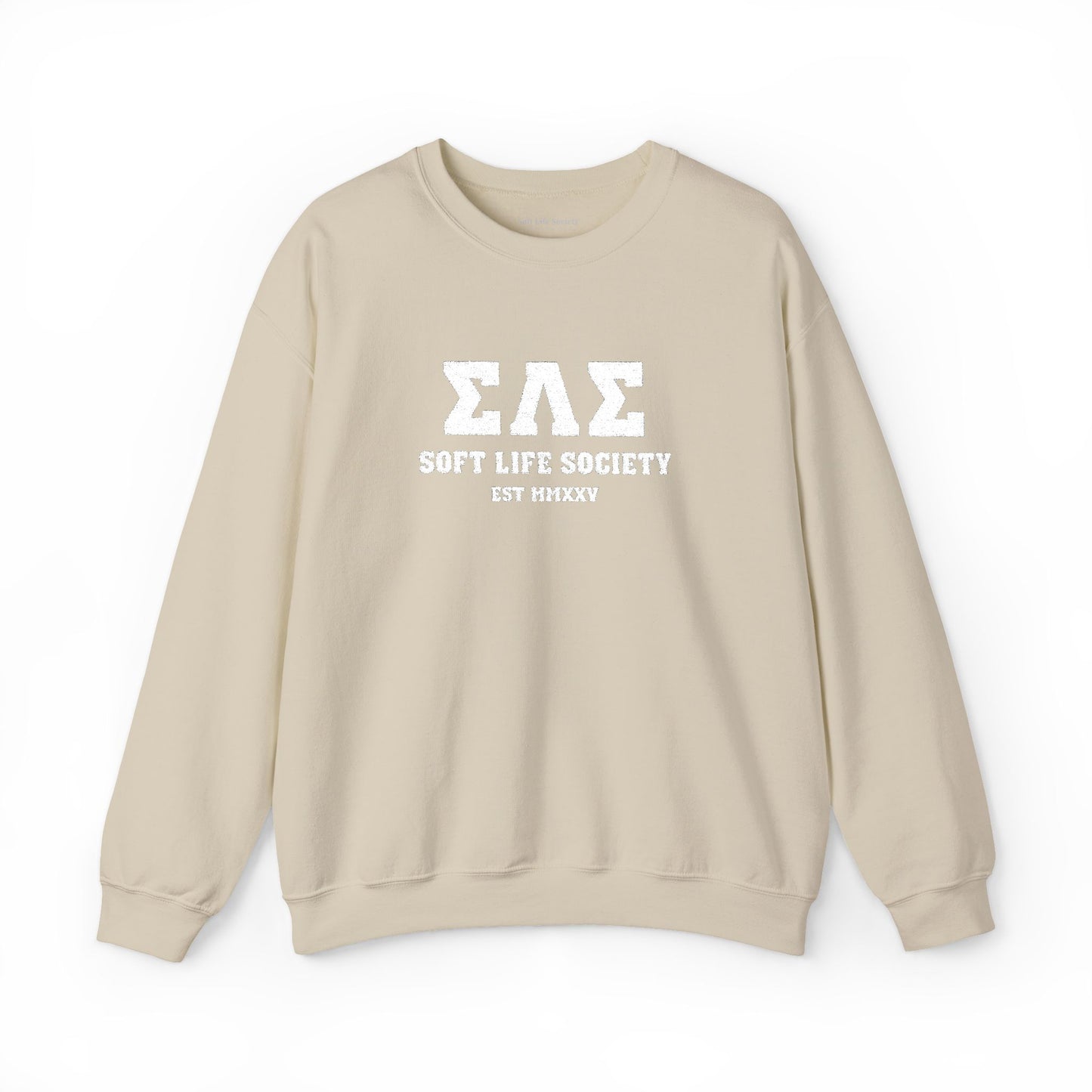 Beige sweatshirt with 'Sigma Lambda Gamma Soft Life Society' text on a white background